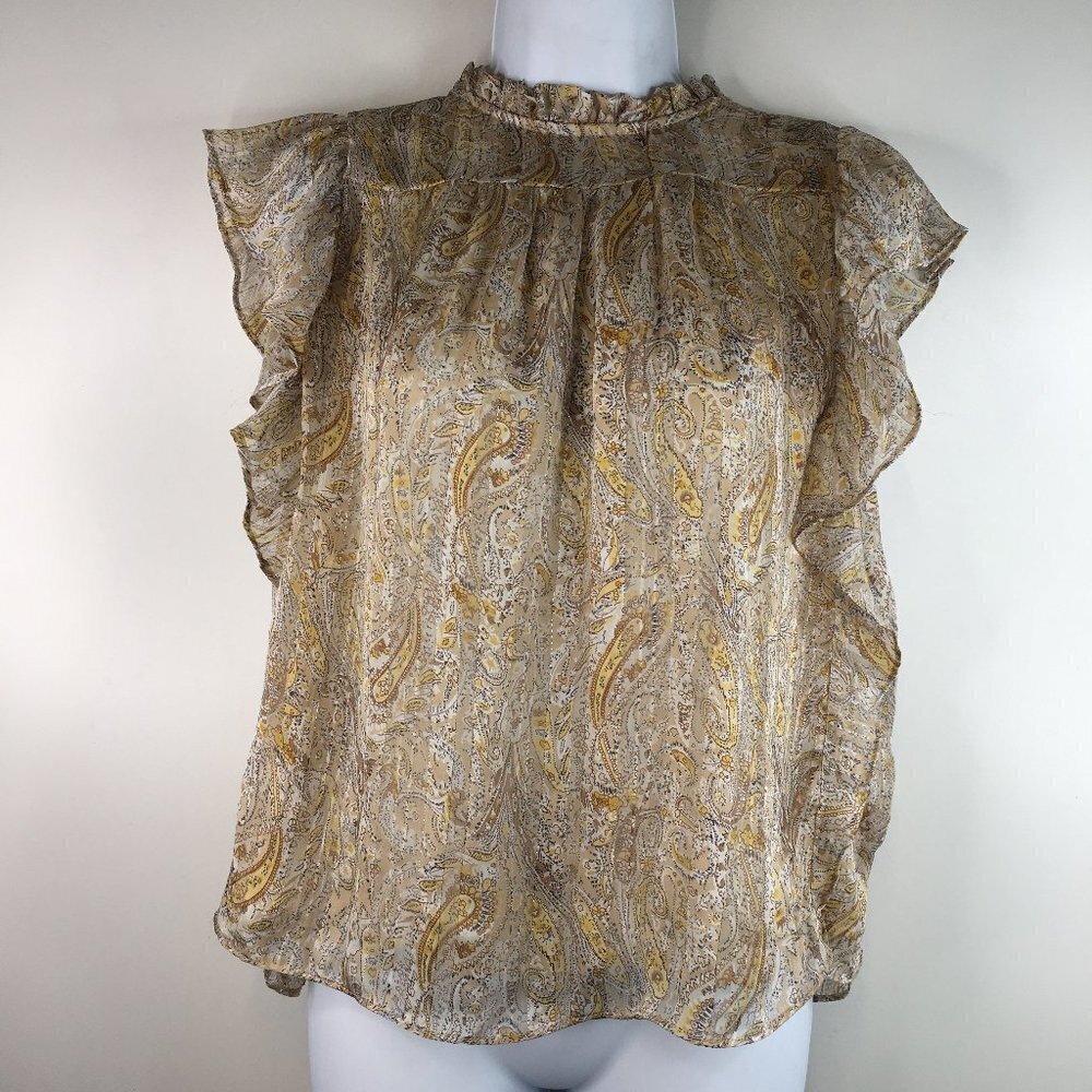 JOIE GLITTER PAISLEY RUFFLE MOCK NECK FLUTTER SHORT SLEEVE BLOUSE Size M